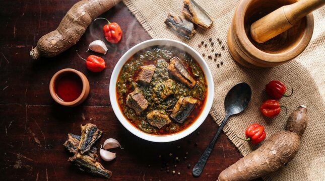 Authentic Liberian Cassava Leaf Stew Food Photography Flat Lay