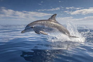 Fototapeta premium Single dolphin leaping high above ocean surface with water splashing around, under partly cloudy sky, showing dynamic motion and natural beauty