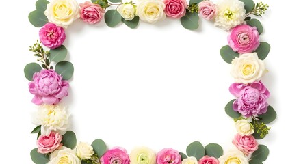 Rectangular floral frame of vibrant pink, white, and yellow roses with eucalyptus leaves.
