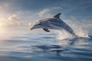 Fototapeta premium Dolphin leaping high above calm ocean water with splash and reflection under partly cloudy sky during sunset, showing dynamic motion and natural beauty