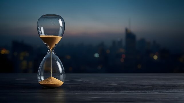 Time's Gentle Flow: An hourglass, with sand trickling downwards, captures the fleeting nature of time against a blurred cityscape backdrop, symbolizing deadlines and passing moments.