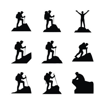 Mountain Climber Silhouette Set &ndash;Hiking, Adventure, Success and Achievement Vector Icons