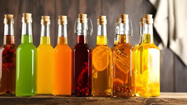 Colorful selection of clear glass bottles with various ingredients inside, closed with corks
