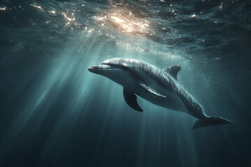 Naklejka premium Dolphin swimming underwater with sunlight rays penetrating ocean surface, creating serene and dramatic marine scene full of natural beauty and calmness