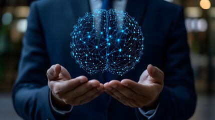 Professional holding a glowing digital representation of a human brain above open palms