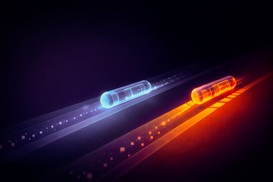 Abstract 3D Dual Data Pipeline Routing with Blue and Orange Secure Channels on Dark Background