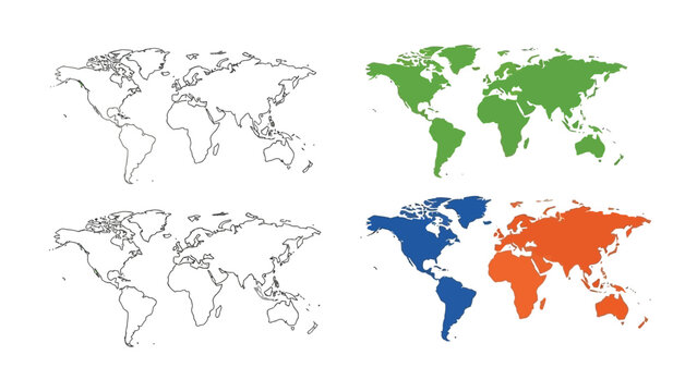 Collection of four distinct world map outlines and color variations illustrating global geography concepts for educational or design purposes