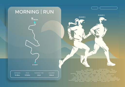 Morning run tracking interface with runners silhouettes. Modern fitness dashboard featuring route map, distance, pace, and calorie data on a clean glassmorphism background for healthy lifestyle. Sport