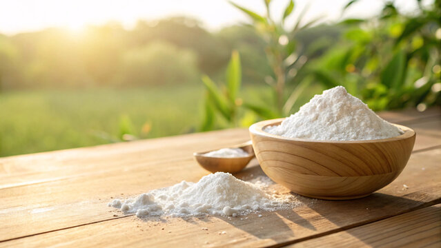 White Flour Powder in Wooden Bowl on Rustic Table with Natural Green Background