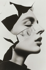 female portrait collage, woman identity concept, torn magazine cut-out, rough paper texture, modern femininity art, minimalist editorial poster, emotional but calm mood, contemporary collage aesthetic