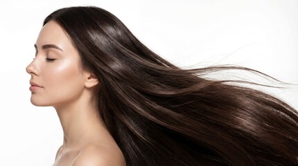 Naklejka premium Beautiful young woman's profile with closed eyes and luxurious, smooth dark brown hair dramatically blowing in the wind, showcasing healthy movement and perfect shine on white.