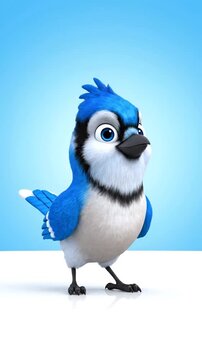 Cartoon blue jay with spread wings against a light blue background