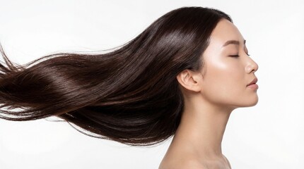 Naklejka premium Stunning profile of an Asian beauty with closed eyes, showcasing healthy, voluminous, dark brown hair flowing dynamically against a pure white studio background.