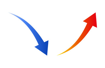 右上がりに伸びる赤い上昇矢印と、右下がりに落ちる青い下降矢印のベクターイラストのセット