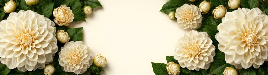 Floral arrangement event indoor studio image of white dahlias and buds elegant design concept top view