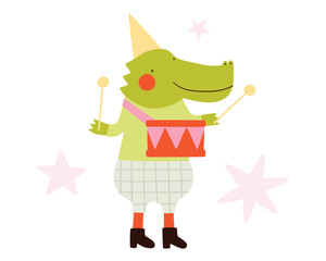 Fototapeta premium Cute baby crocodile with a drum cartoon illustration. Smiling animal in a green clothes pajamas in party hat. Little stars background. Simple green Happy birthday animal clipart for kids. Postcard.