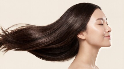 Naklejka premium Profile of serene young Asian woman with closed eyes, showcasing long, luxurious, dark brown hair dramatically flowing in movement against a clean beige background. Health and beauty concept.