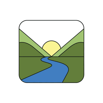 Minimalist Landscape Icon. River and Green Mountains with Rising Sun. Flat Design Nature Symbol for Travel or Outdoor App Logo.