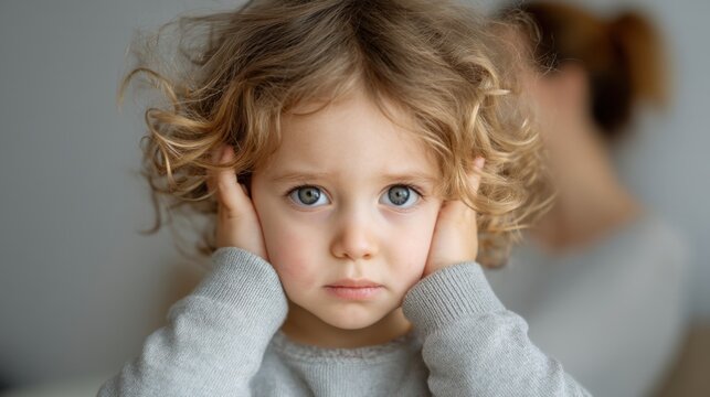 Worried caucasian child with curly hair covering ears indoors.