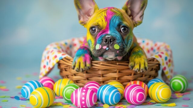 Playful puppy in easter basket
