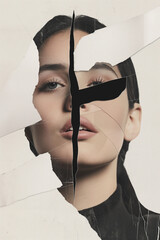 female portrait collage, woman identity concept, torn magazine cut-out, rough paper texture, modern femininity art, minimalist editorial poster, emotional but calm mood, contemporary collage aesthetic