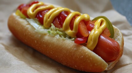 Delicious hot dog with mustard and relish on brown paper.