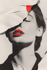 female portrait collage, woman identity concept, torn magazine cut-out, rough paper texture, modern femininity art, minimalist editorial poster, emotional but calm mood, contemporary collage aesthetic