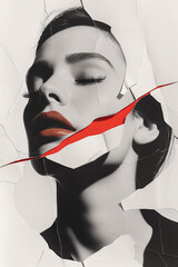 female portrait collage, woman identity concept, torn magazine cut-out, rough paper texture, modern femininity art, minimalist editorial poster, emotional but calm mood, contemporary collage aesthetic