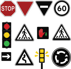 Road signs and traffic lights silhouette collection