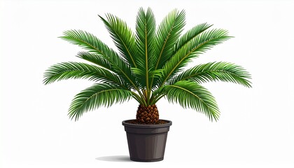 Fototapeta premium Potted palm plant with lush green fronds in symmetrical pattern, brown pot, white background.