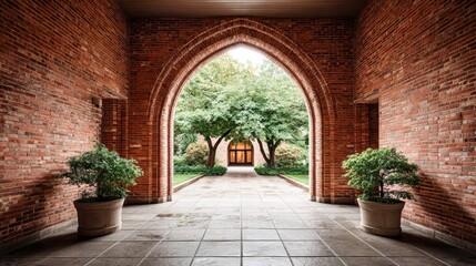 Fototapeta premium Brick archway frames a serene view of trees and a distant doorway.