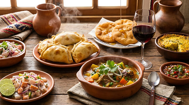traditional Chilean cuisine arranged on a rustic wooden table. The centerpiece features a steaming bowl of cazuela de cordero with tender lamb