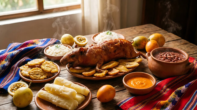 Ecuadorian food  The spread features golden-fried plantains.