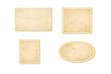 Vintage blank postage stamps collection with perforated edges and aged paper texture on transparent background