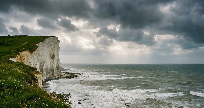 The rugged white chalk cliffs meet a stormy, turbulent sea under a dramatic and overcast sky.