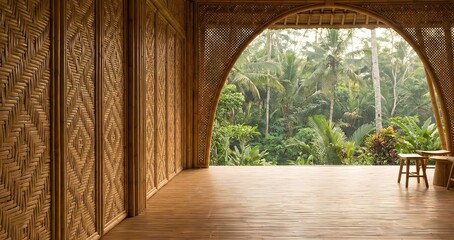 A tranquil bamboo architectural space overlooks a lush tropical jungle, featuring intricate woven wall patterns and an open design.