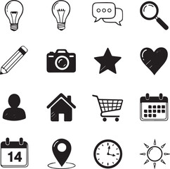 Black silhouette icons set with various symbols and objects silhouette