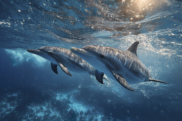 Naklejka premium Two dolphins swimming underwater near ocean surface with sunlight reflecting on their bodies, creating peaceful and natural marine scene full of life and motion