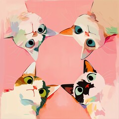 abstract colorful cat faces forming a circle, playful modern illustration with symmetry creativity and cute artistic character on soft background.