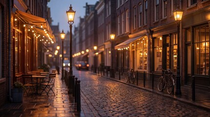 Fototapeta premium Cozy European street at evening with warm lights and cafes
