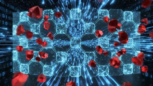 Digital Romance: Floating Rose Petals: Rose petals cascade gracefully amidst a futuristic digital background of binary code, forming a captivating interplay of natural beauty and digital design.