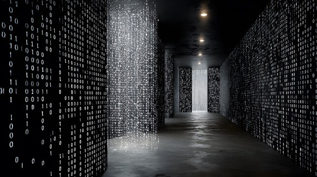 Digital Labyrinth: A disorienting hallway adorned with streams of binary code and shimmering digital artifacts, creating an immersive, futuristic data scape.