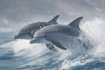 Fototapeta premium Two dolphins jumping through breaking waves in ocean, showing powerful movement and dynamic energy in natural marine environment