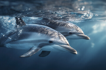 Obraz premium Two dolphins swimming underwater near surface with light reflections on their bodies, creating serene and peaceful ocean scene with ripples and bubbles