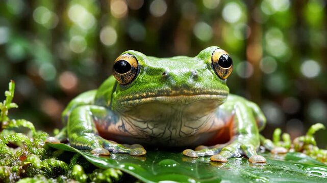 Close-up of a green tree frog with large eyes sitting on a wet leaf in a lush forest.