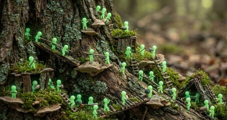 Obraz premium A bustling miniature community of glowing green forest spirits diligently constructs their homes on a mossy tree trunk in an enchanting woodland.