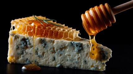 Gourmet blue cheese with honeycomb and drizzle on dark background.