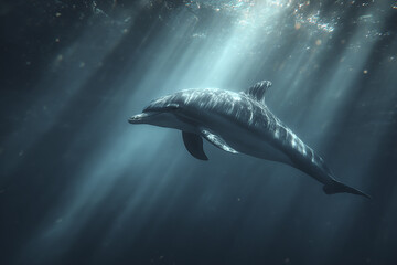 Fototapeta premium Underwater dolphin swimming gracefully in deep ocean with light rays penetrating water, creating calm and cinematic marine scene full of peaceful beauty