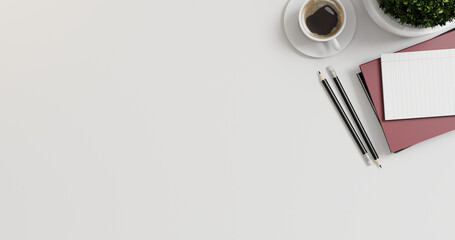 Top view office table desk with laptop, coffee, pencil, leaves with 3D rendering