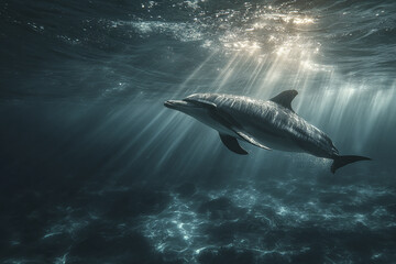 Fototapeta premium Underwater dolphin swimming in deep ocean with sunlight rays penetrating water, creating calm and cinematic marine scene full of natural beauty and tranquility